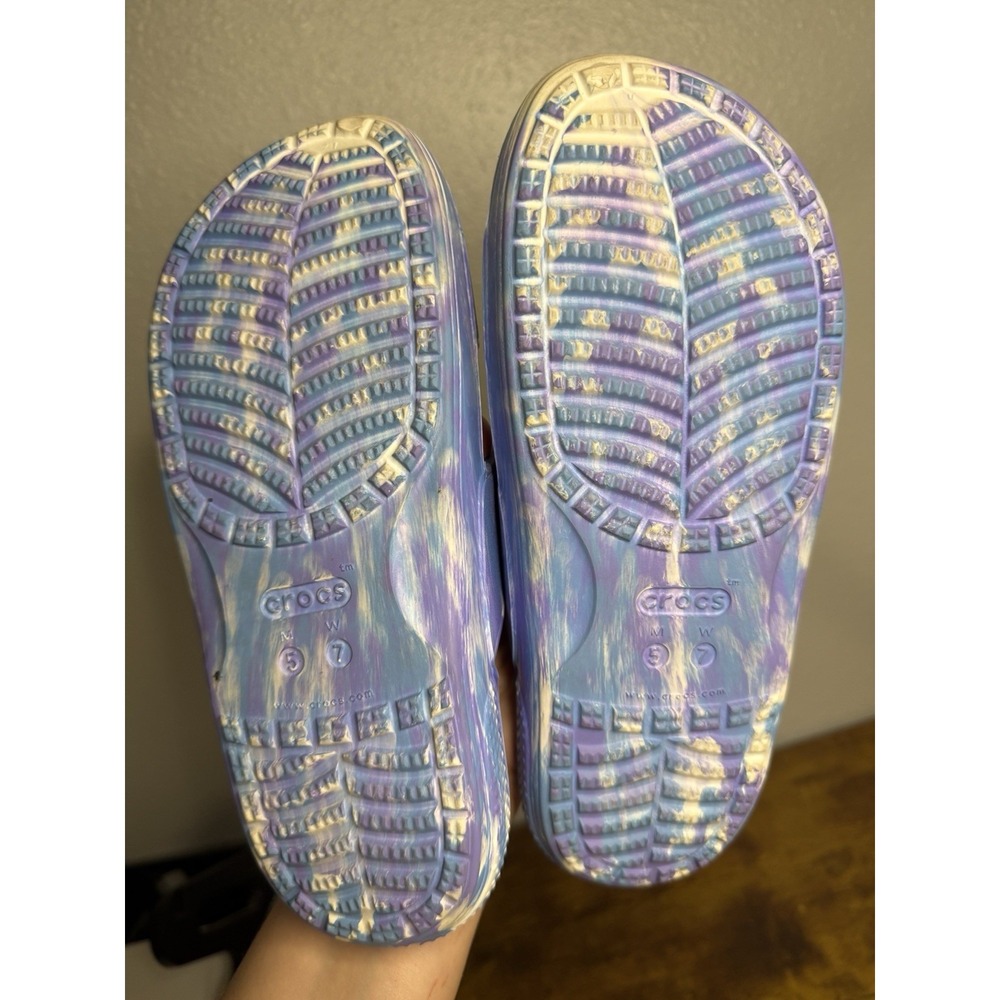 Crocs Sandals Women's 7 Men's  5 Purple Blue and White Tie Dye Two Straps - Picture 4 of 4